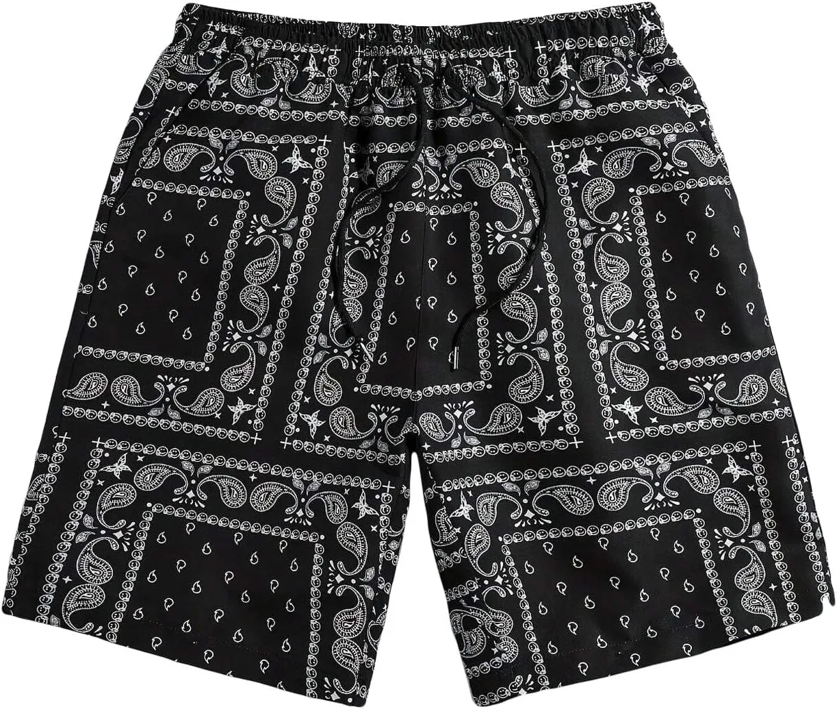 Men's Boho Paisley Scarf Print Shorts Drawstring Waist Tribal Pocket Summer Shorts