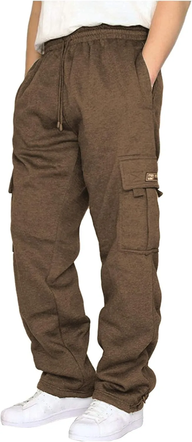 Men's Cargo Sweatpants Open Bottom Fleece Hiking Jogger Cargo Sweatpants for Men with Pockets