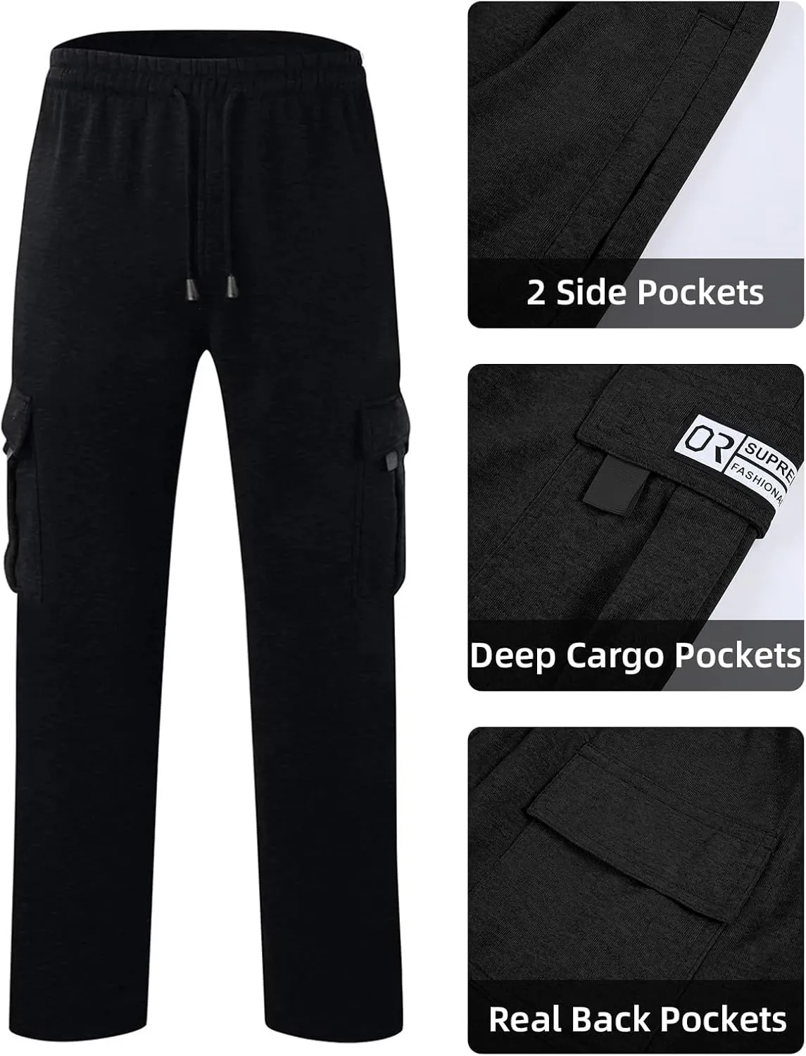 Men's Cargo Sweatpants Open Bottom Fleece Hiking Jogger Cargo Sweatpants for Men with Pockets