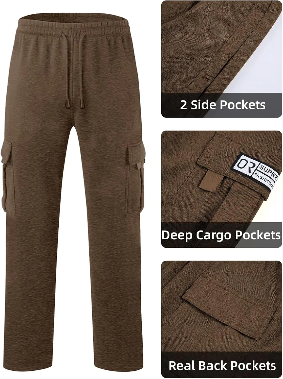 Men's Cargo Sweatpants Open Bottom Fleece Hiking Jogger Cargo Sweatpants for Men with Pockets
