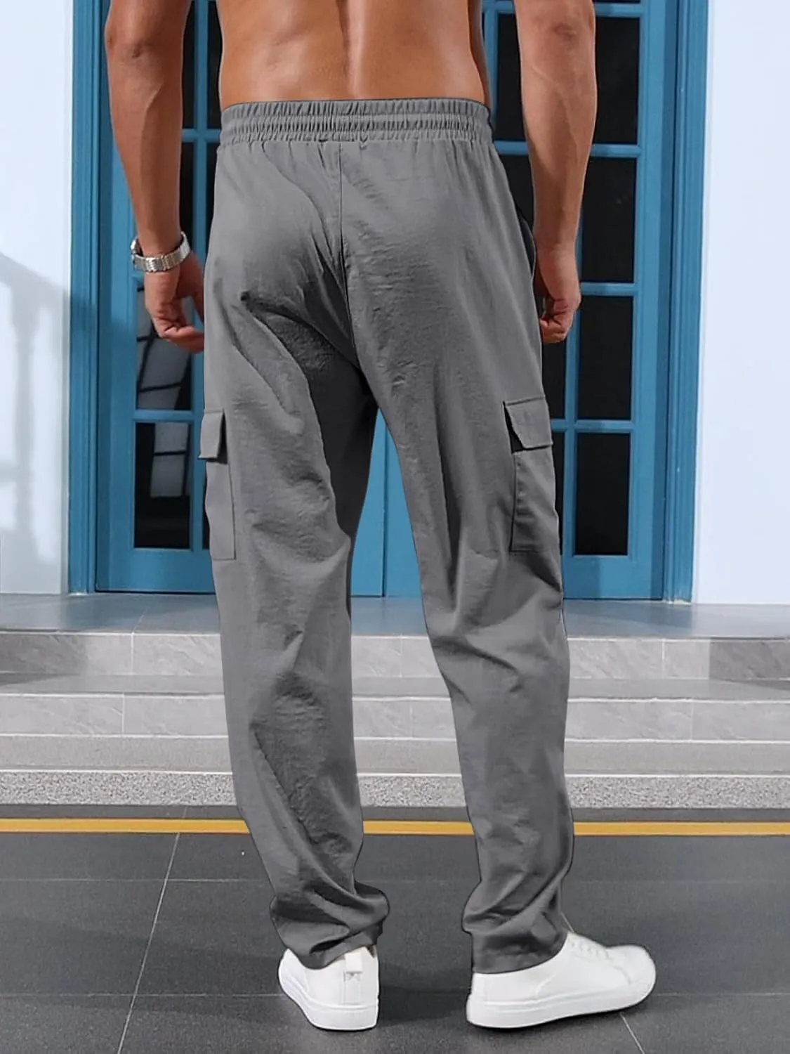 Mens Casual Cargo Pants Summer Vacation Lightweight Drawstring Pants Elastic Waist Beach Yoga Trousers with Pockets