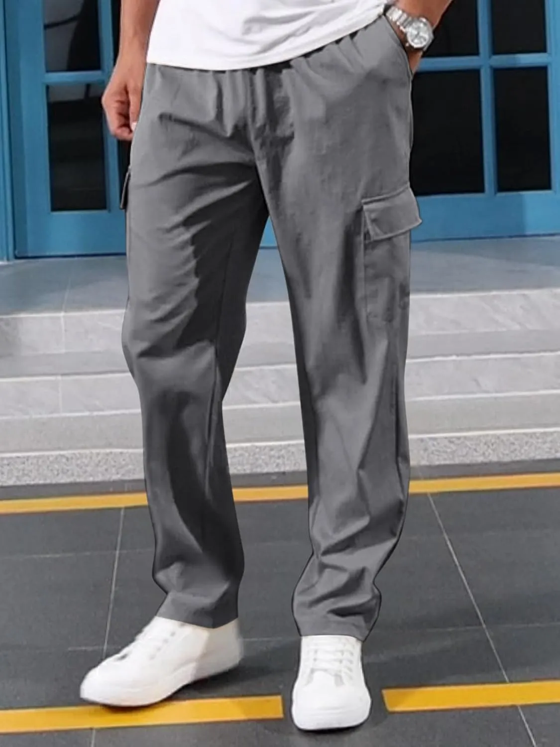 Mens Casual Cargo Pants Summer Vacation Lightweight Drawstring Pants Elastic Waist Beach Yoga Trousers with Pockets