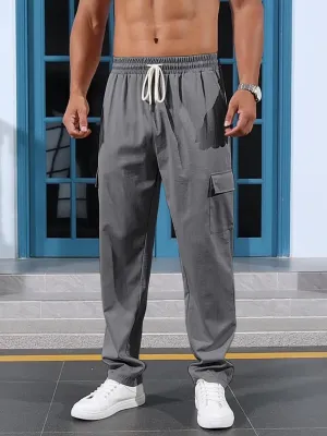 Mens Casual Cargo Pants Summer Vacation Lightweight Drawstring Pants Elastic Waist Beach Yoga Trousers with Pockets