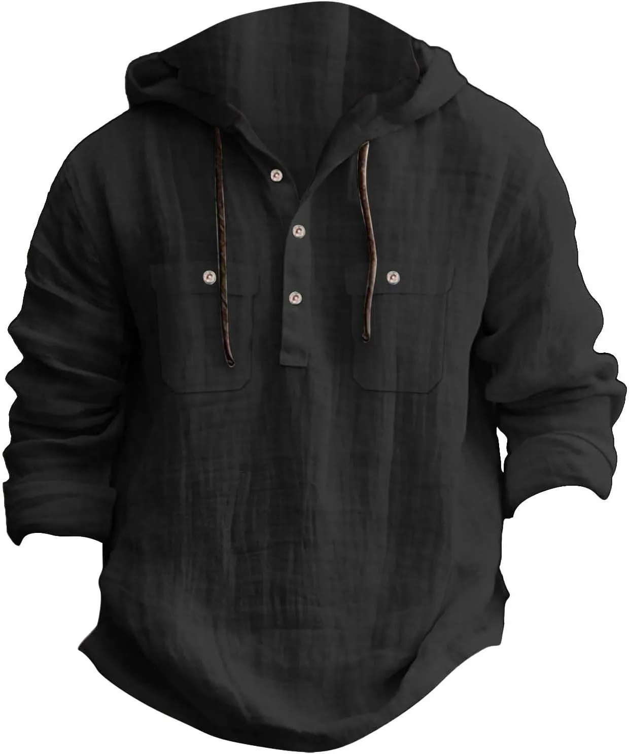 Mens Casual Linen Hooded Shirts Drawstring Hoodies Button up Beach Hippie T-Shirt Lightweight Long Sleeve Blouse Tops