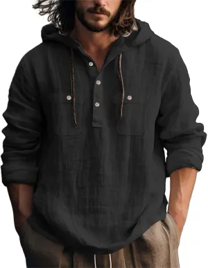 Mens Casual Linen Hooded Shirts Drawstring Hoodies Button up Beach Hippie T-Shirt Lightweight Long Sleeve Blouse Tops