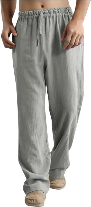 Men's Casual Linen Pants Elastic Waist Drawstring Beach Summer Pants Lightweight Straight-Legs Loose Trousers