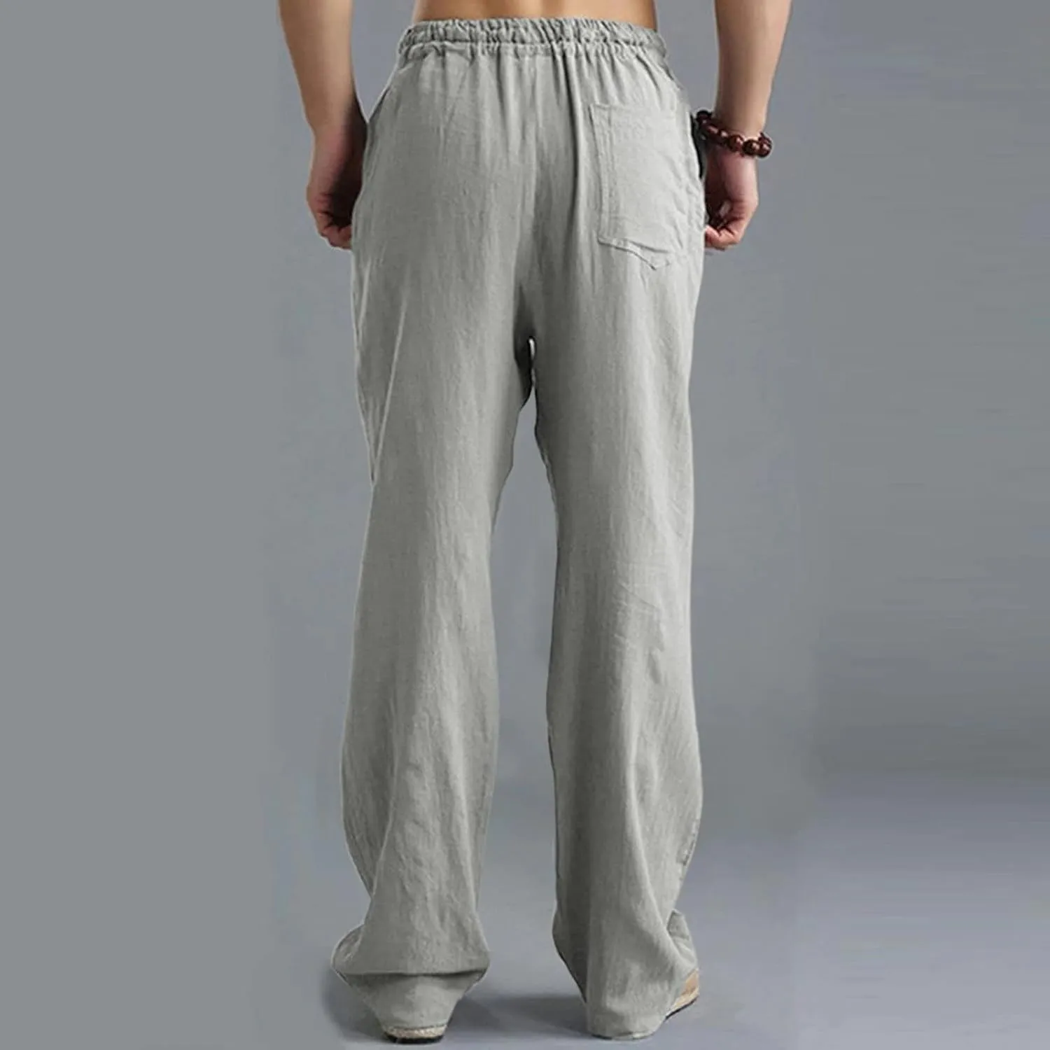 Men's Casual Linen Pants Elastic Waist Drawstring Beach Summer Pants Lightweight Straight-Legs Loose Trousers