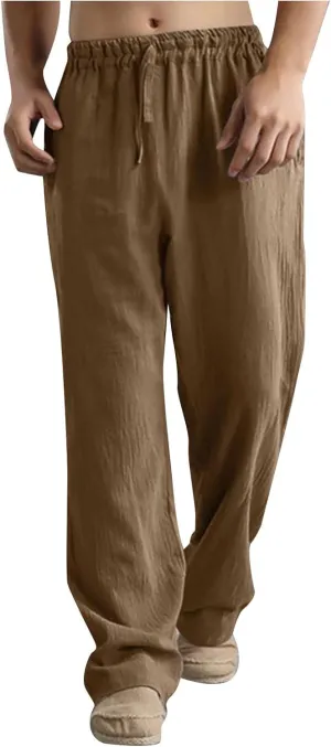Men's Casual Linen Pants Elastic Waist Drawstring Beach Summer Pants Lightweight Straight-Legs Loose Trousers