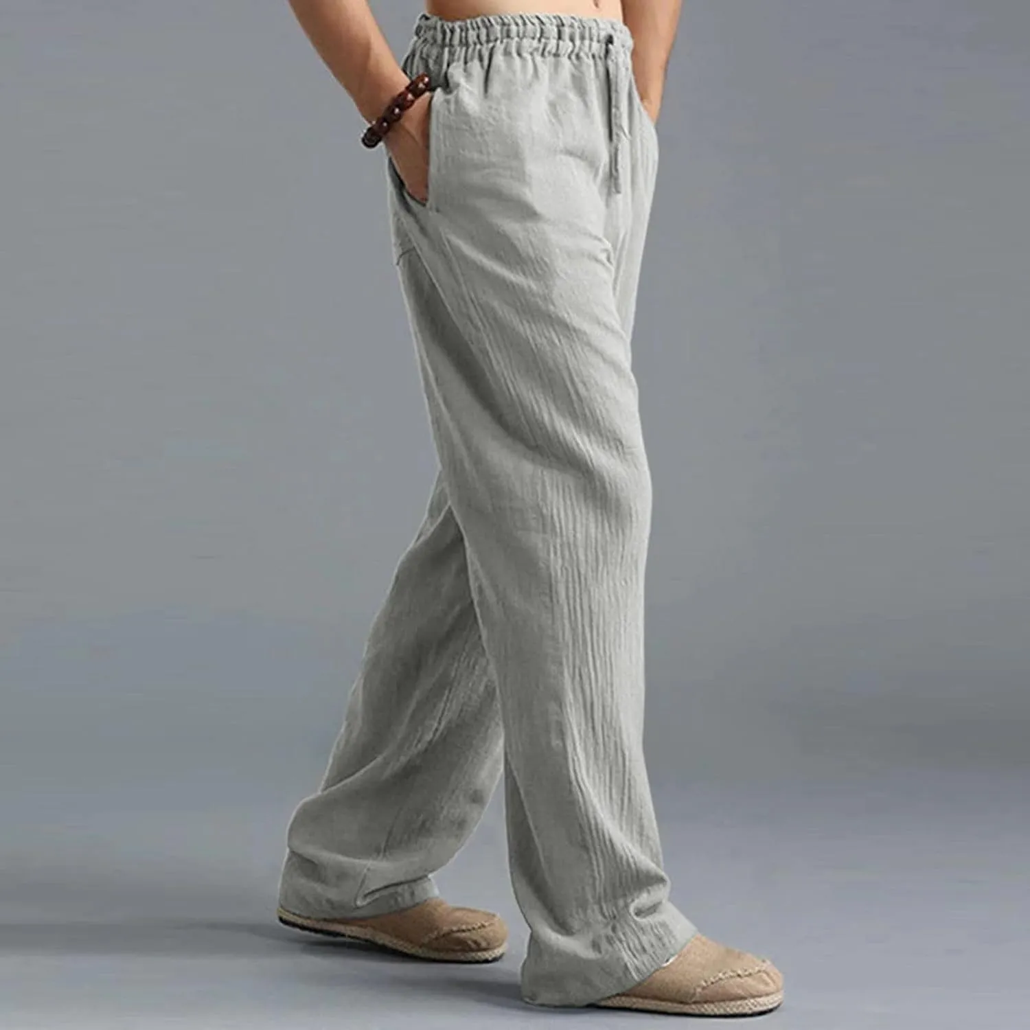Men's Casual Linen Pants Elastic Waist Drawstring Beach Summer Pants Lightweight Straight-Legs Loose Trousers