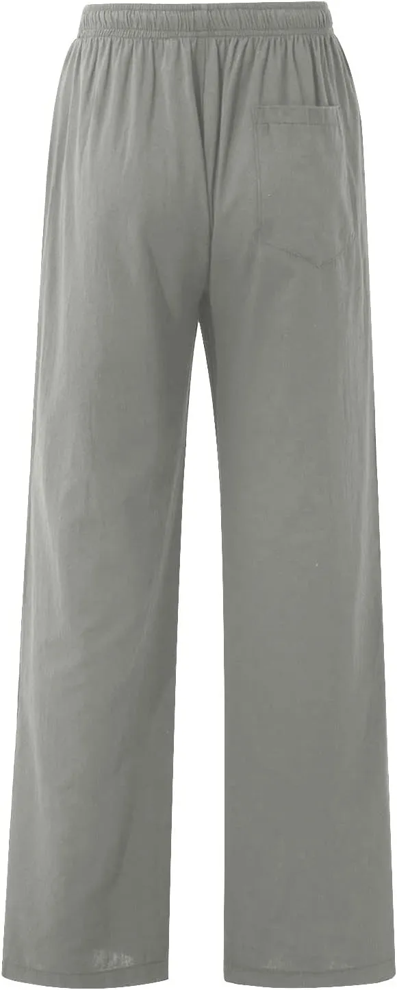 Men's Casual Linen Pants Elastic Waist Drawstring Beach Summer Pants Lightweight Straight-Legs Loose Trousers