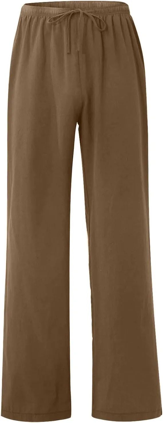 Men's Casual Linen Pants Elastic Waist Drawstring Beach Summer Pants Lightweight Straight-Legs Loose Trousers