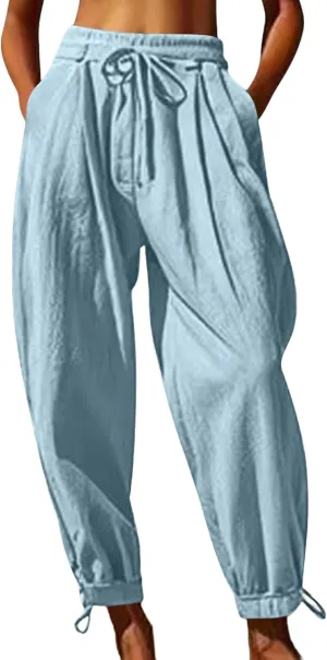 Men's Cotton Linen Harem Pants Soft Stretchy Waist Casual Hippie Trousers Lightweight Loose Fitting Beach Yoga Pant