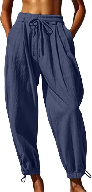 Men's Cotton Linen Harem Pants Soft Stretchy Waist Casual Hippie Trousers Lightweight Loose Fitting Beach Yoga Pant