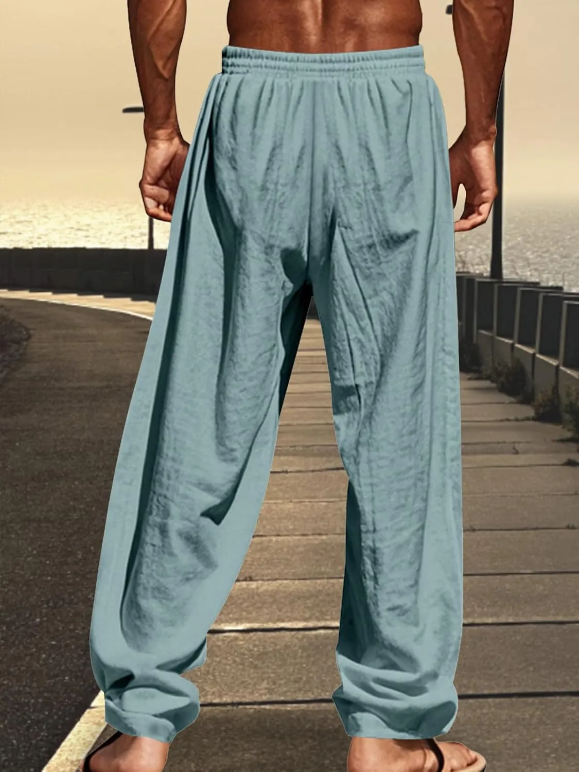 Mens Cotton Linen Pants Casual Summer Vacation Baggy Beach Pants Buttoned Drawstring Yoga Trousers with Pockets