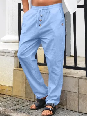 Mens Cotton Linen Pants Casual Summer Vacation Baggy Beach Pants Buttoned Drawstring Yoga Trousers with Pockets