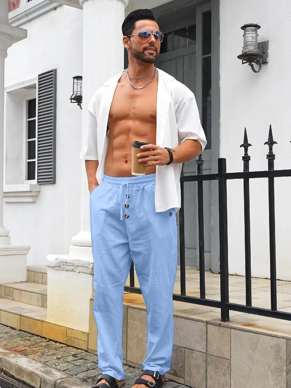 Mens Cotton Linen Pants Casual Summer Vacation Baggy Beach Pants Buttoned Drawstring Yoga Trousers with Pockets