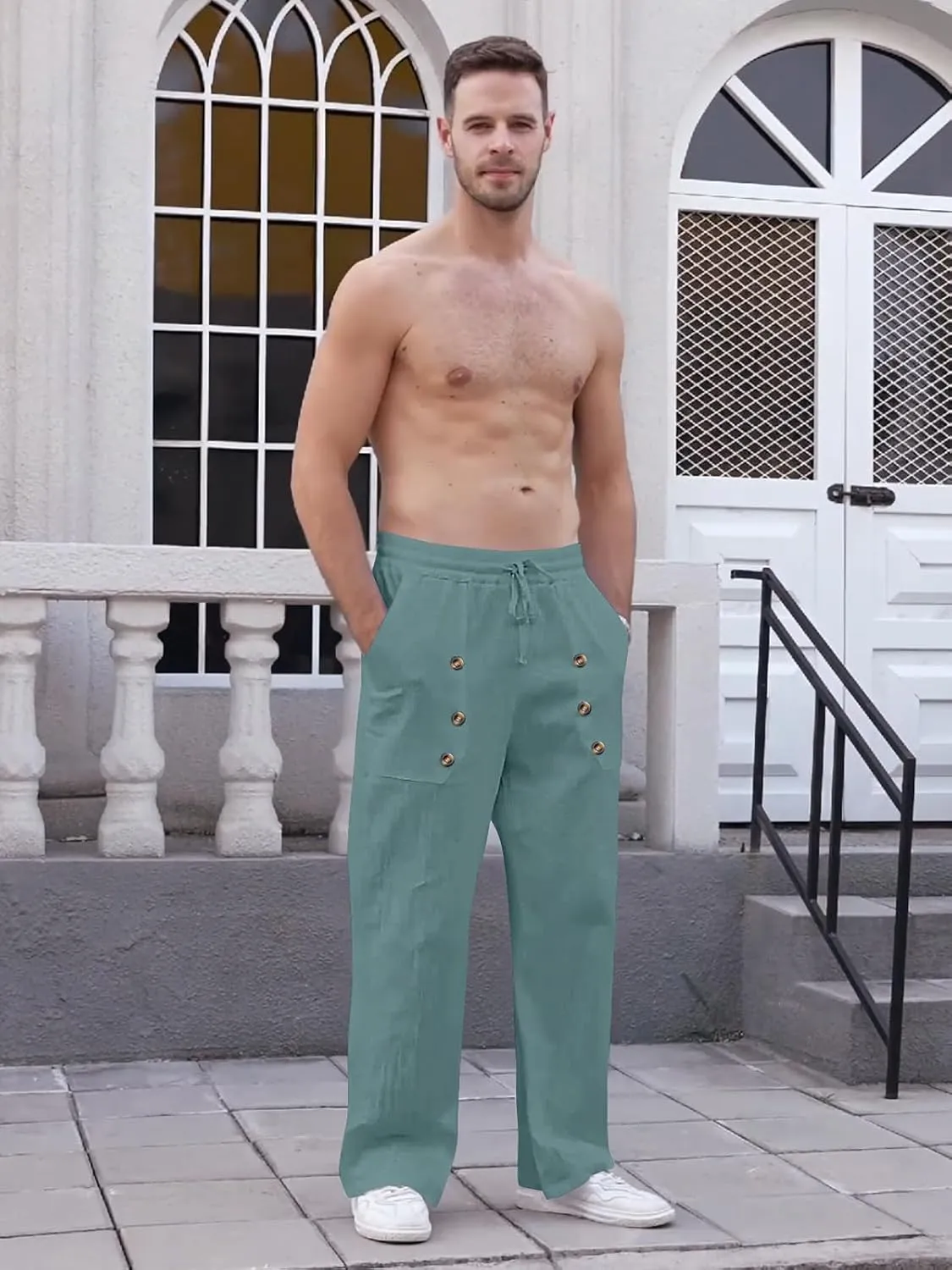 Mens Cotton Linen Pants Casual Summer Vacation Baggy Beach Pants Buttoned Drawstring Yoga Trousers with Pockets