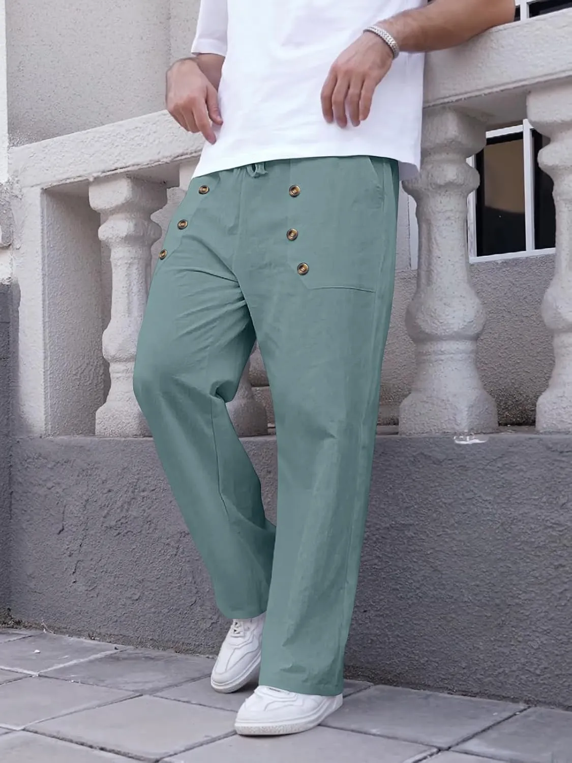 Mens Cotton Linen Pants Casual Summer Vacation Baggy Beach Pants Buttoned Drawstring Yoga Trousers with Pockets