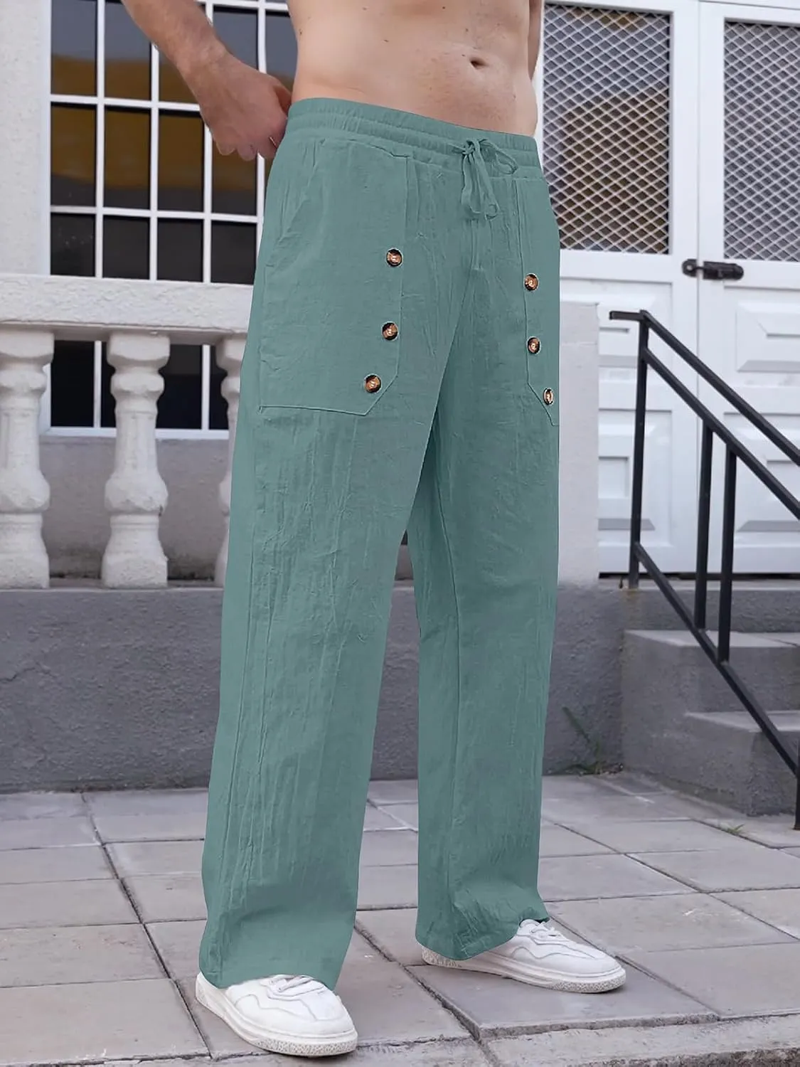Mens Cotton Linen Pants Casual Summer Vacation Baggy Beach Pants Buttoned Drawstring Yoga Trousers with Pockets