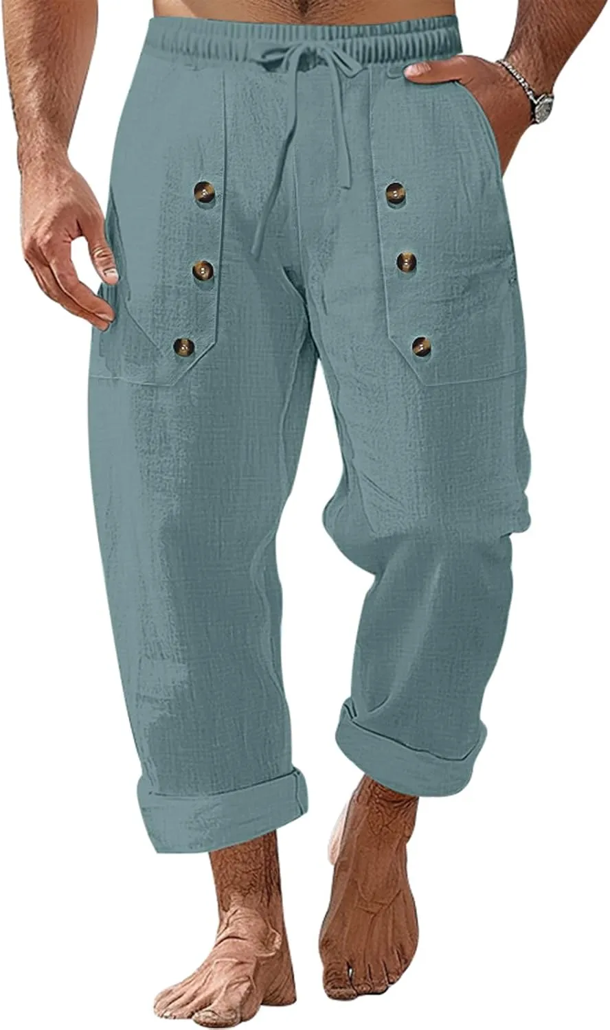 Mens Cotton Linen Pants Casual Summer Vacation Baggy Beach Pants Buttoned Drawstring Yoga Trousers with Pockets
