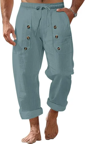 Mens Cotton Linen Pants Casual Summer Vacation Baggy Beach Pants Buttoned Drawstring Yoga Trousers with Pockets