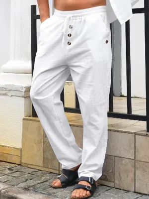 Mens Cotton Linen Pants Casual Summer Vacation Baggy Beach Pants Buttoned Drawstring Yoga Trousers with Pockets