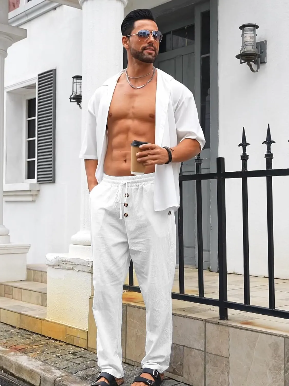 Mens Cotton Linen Pants Casual Summer Vacation Baggy Beach Pants Buttoned Drawstring Yoga Trousers with Pockets