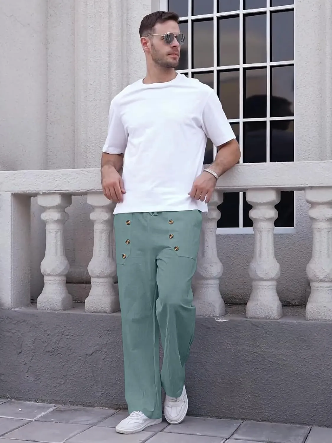 Mens Cotton Linen Pants Casual Summer Vacation Baggy Beach Pants Buttoned Drawstring Yoga Trousers with Pockets