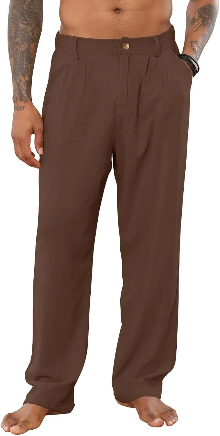 Mens Cotton Linen Pants Elastic Drawstring Waist Trouser Casual Loose Fit Yoga Beach Pants
