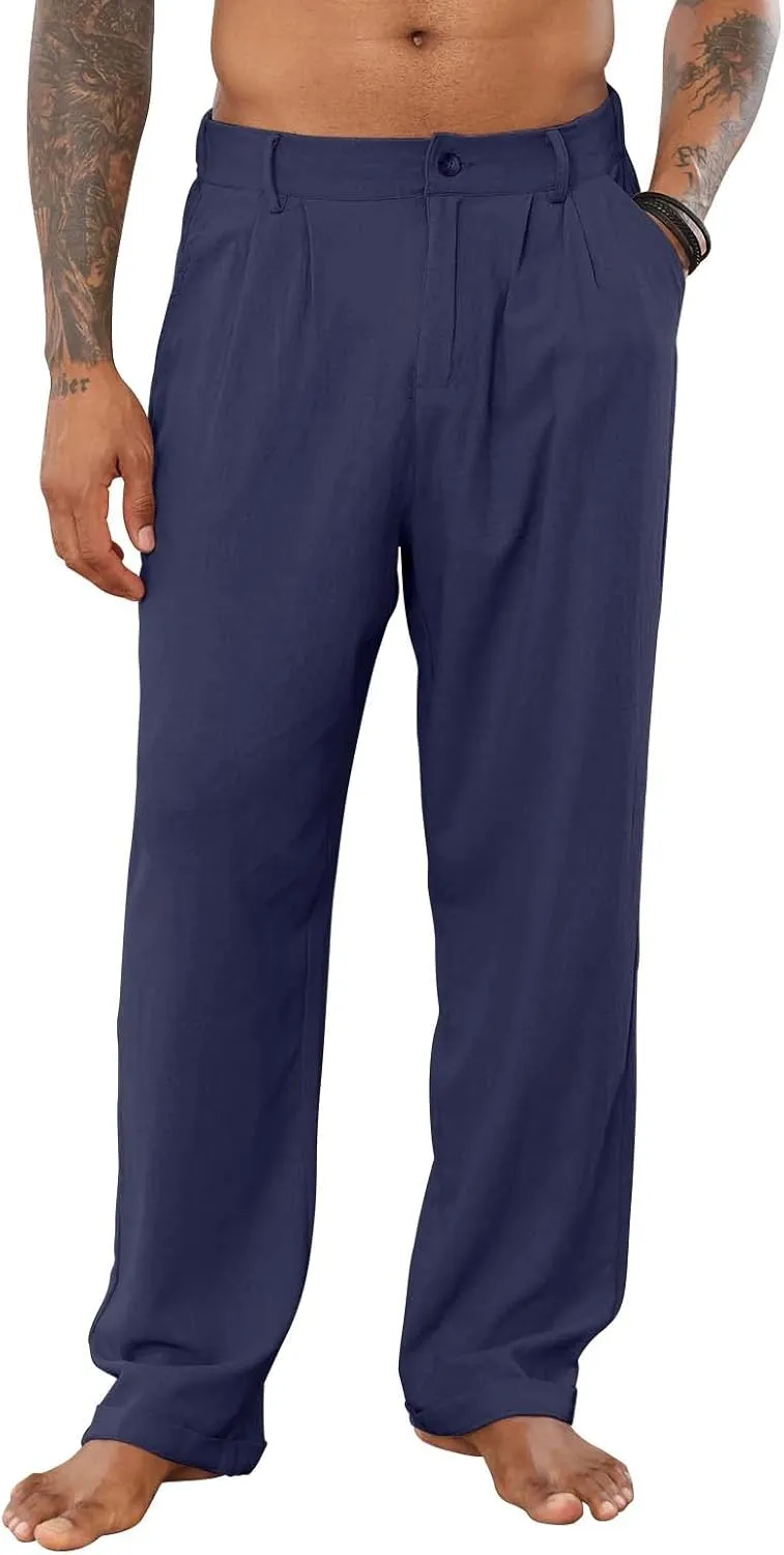Mens Cotton Linen Pants Elastic Drawstring Waist Trouser Casual Loose Fit Yoga Beach Pants