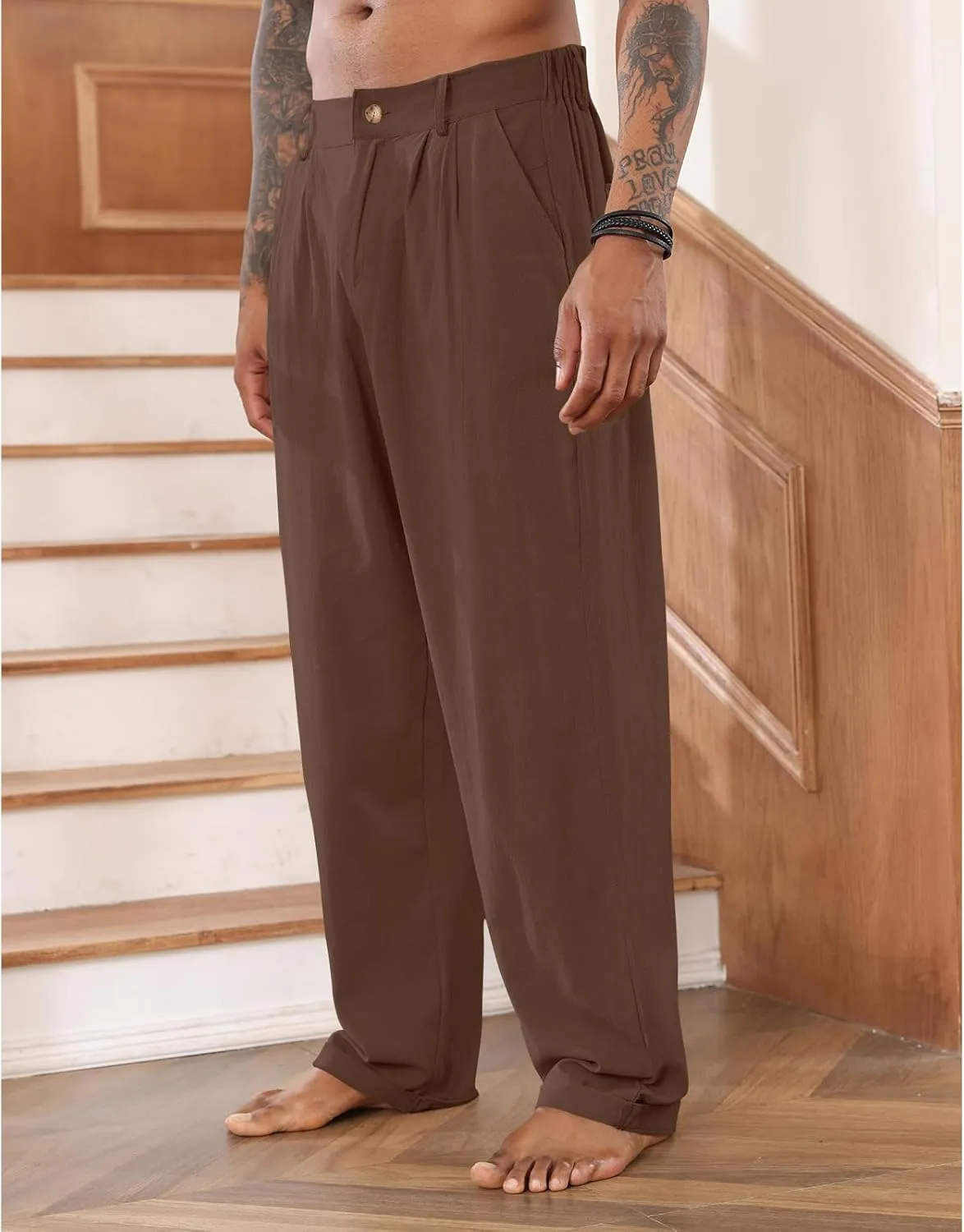 Mens Cotton Linen Pants Elastic Drawstring Waist Trouser Casual Loose Fit Yoga Beach Pants