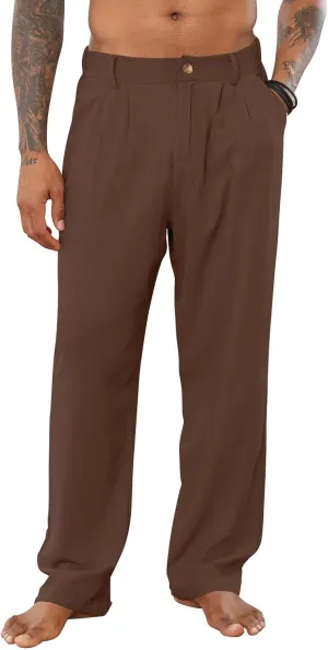 Mens Cotton Linen Pants Elastic Drawstring Waist Trouser Casual Loose Fit Yoga Beach Pants