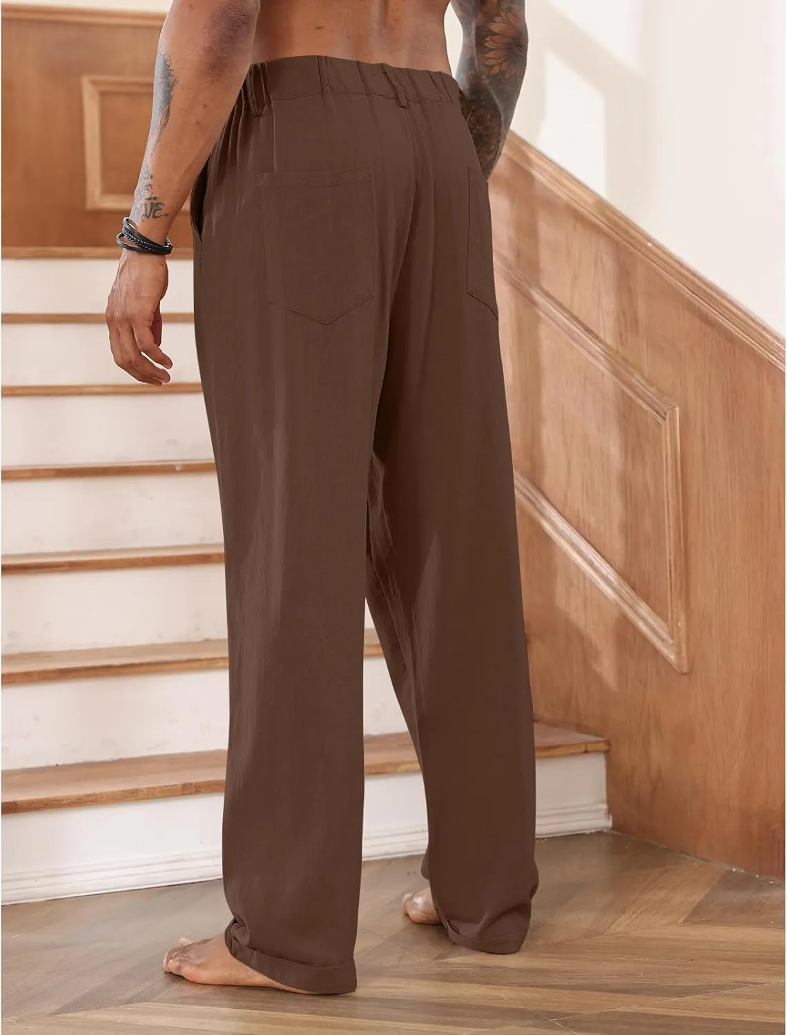 Mens Cotton Linen Pants Elastic Drawstring Waist Trouser Casual Loose Fit Yoga Beach Pants