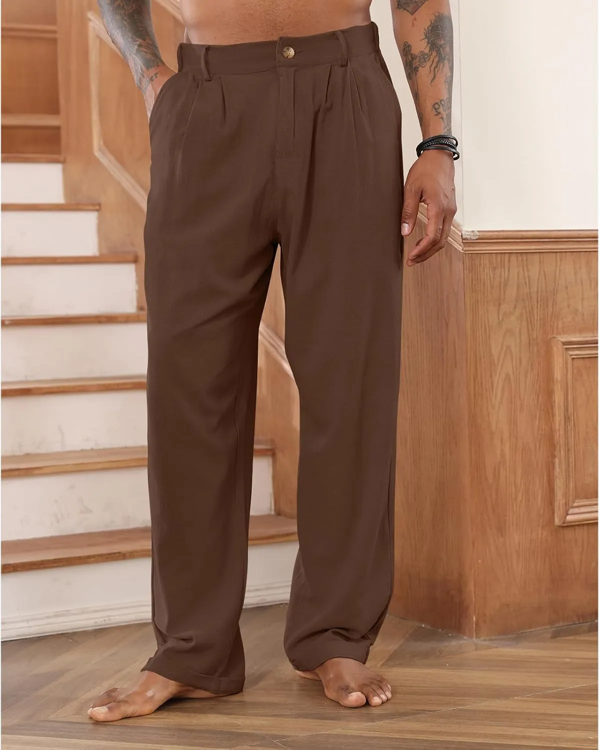 Mens Cotton Linen Pants Elastic Drawstring Waist Trouser Casual Loose Fit Yoga Beach Pants