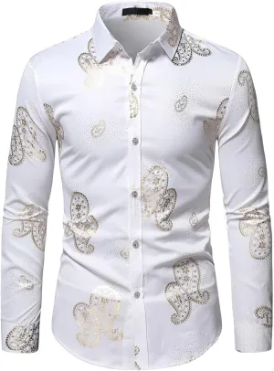 Mens Dress Shirt Long Sleeve Fashion Print Button Down Tshirt Slim Fit Casual Collared Shirts Party Prom Tee Tops