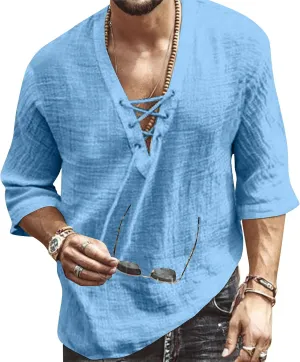 Men's Fashion Shirt Short Sleeve Beach V-Neck Drawstring Printing Yoga African Summer Top