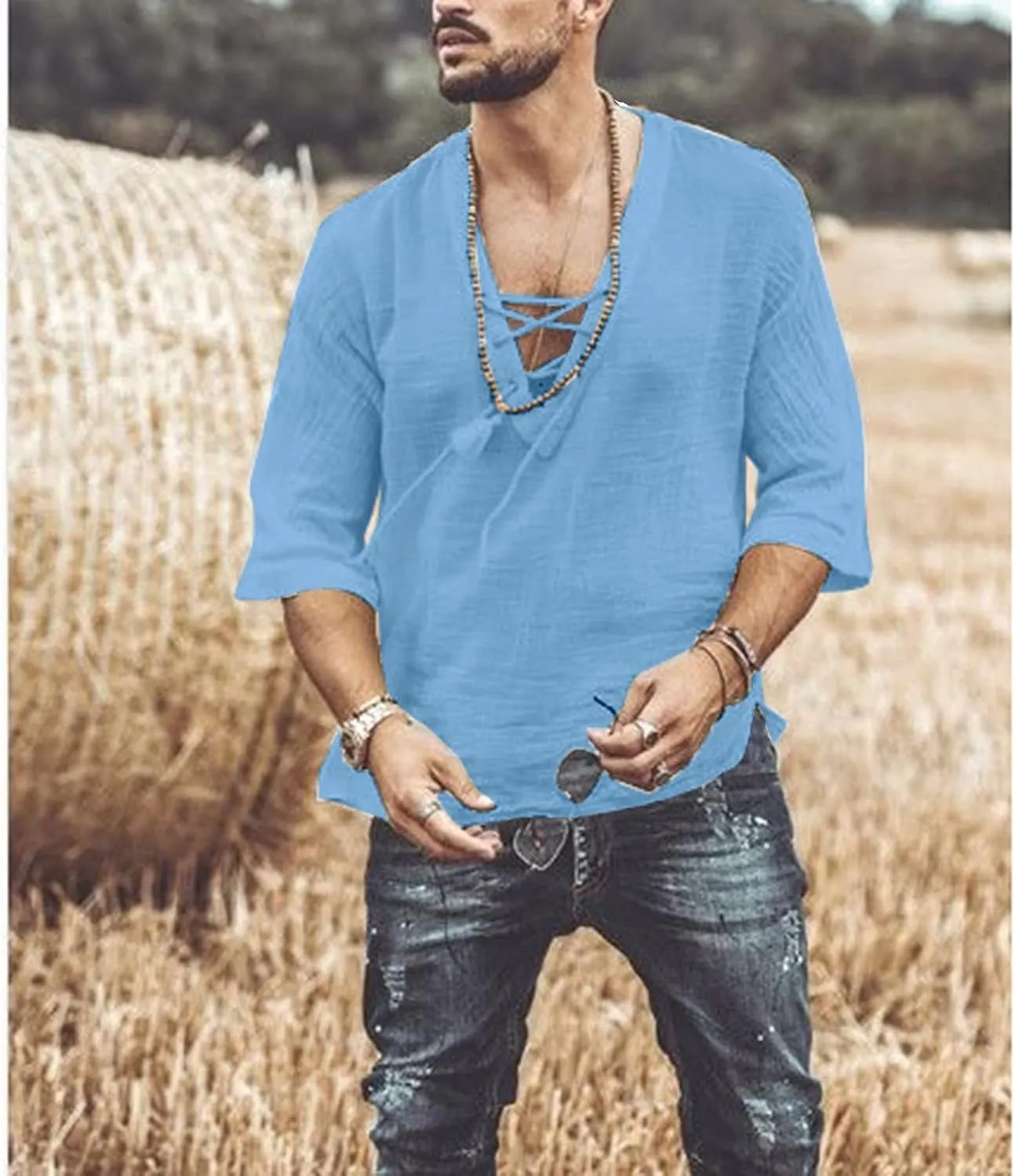 Men's Fashion Shirt Short Sleeve Beach V-Neck Drawstring Printing Yoga African Summer Top