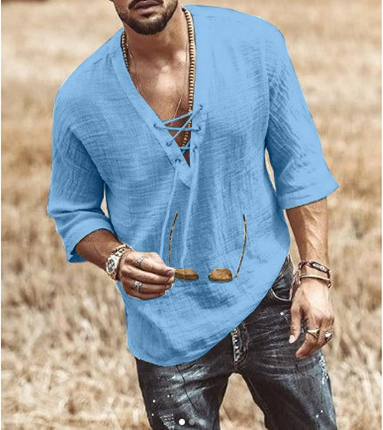 Men's Fashion Shirt Short Sleeve Beach V-Neck Drawstring Printing Yoga African Summer Top