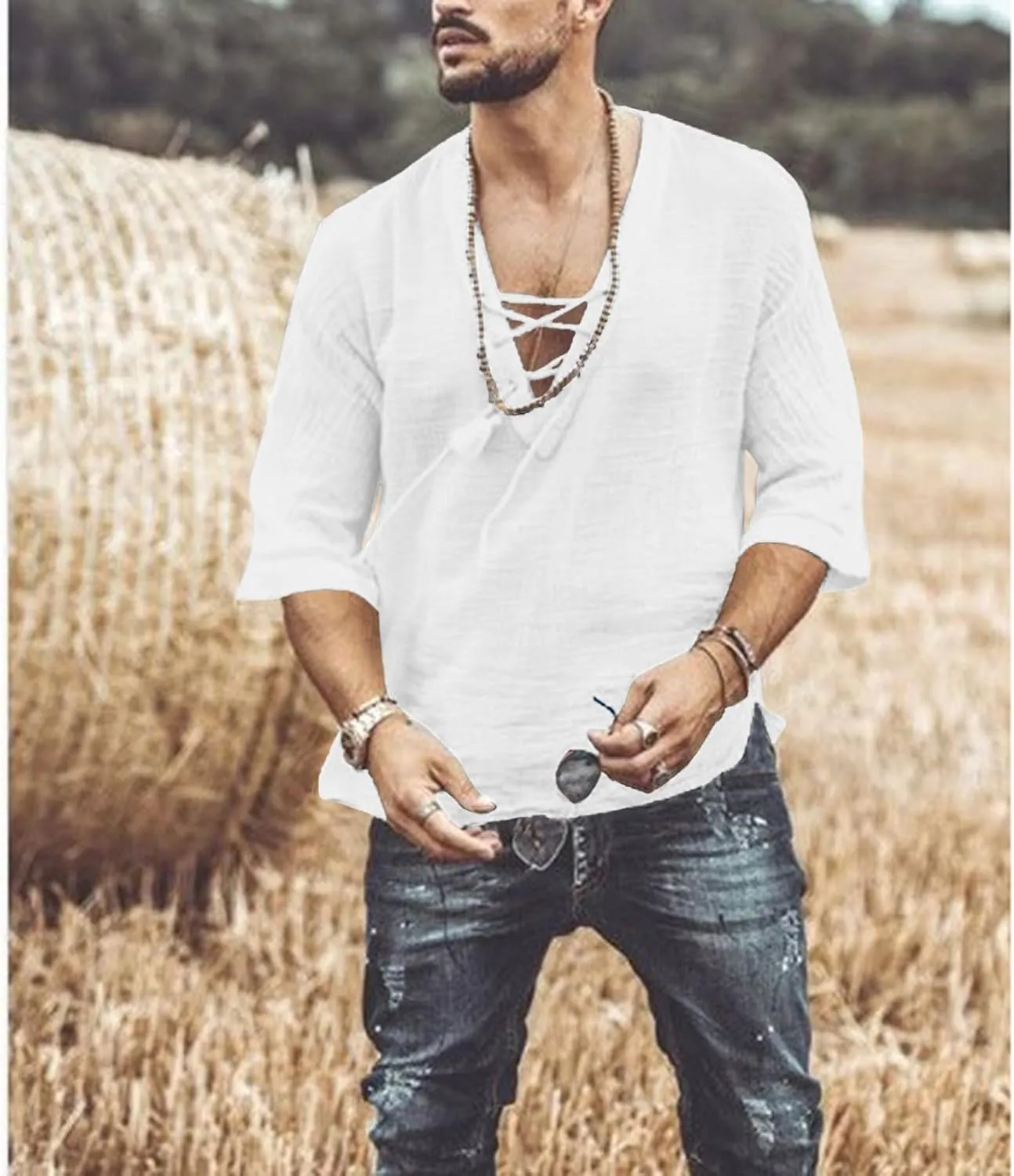 Men's Fashion Shirt Short Sleeve Beach V-Neck Drawstring Printing Yoga African Summer Top