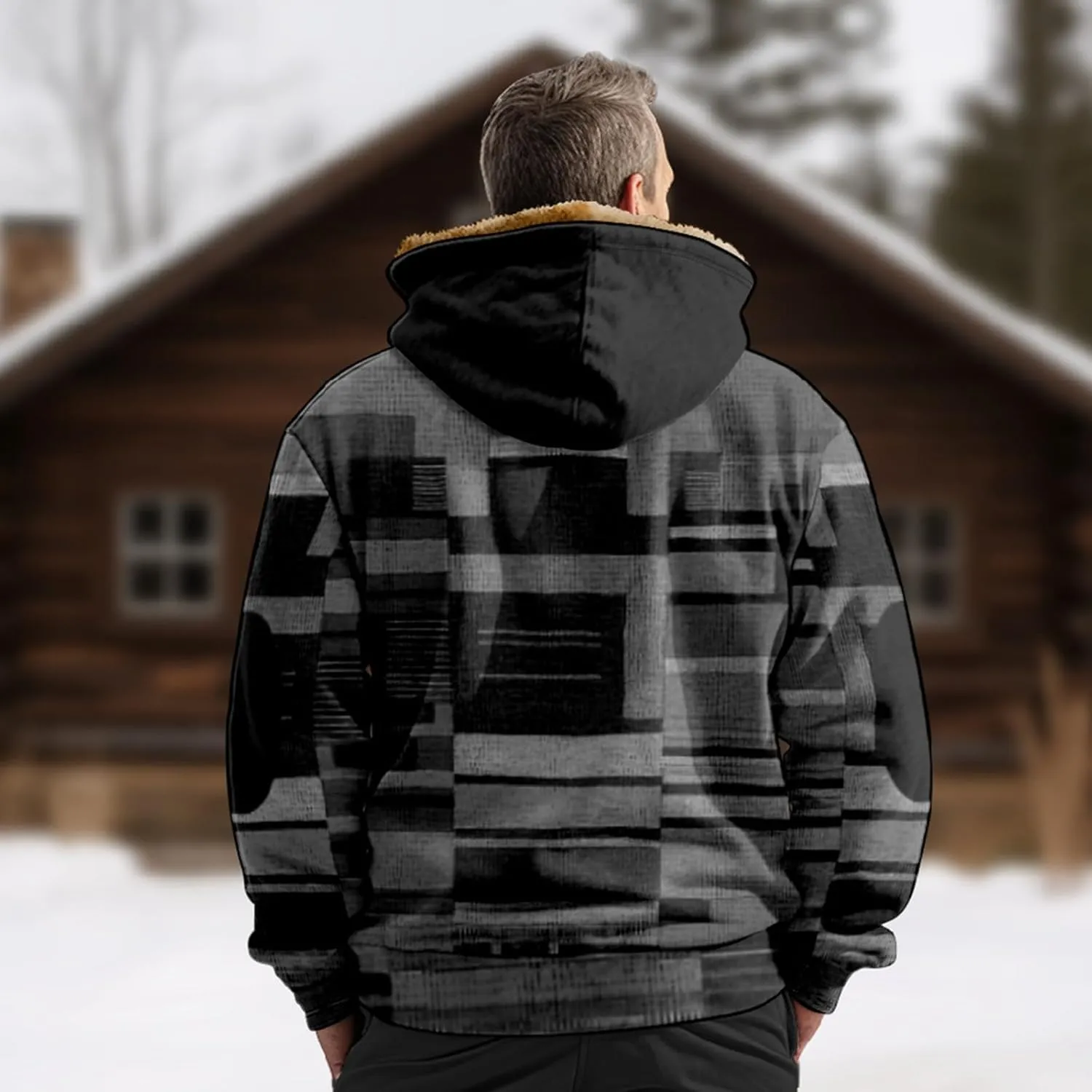 Mens Fuzzy Sherpa Jacket Long Sleeve Fleece Zip Up Coat Fall Winter Puffer Jacket Casual Zipper Varsity Coat Hooded