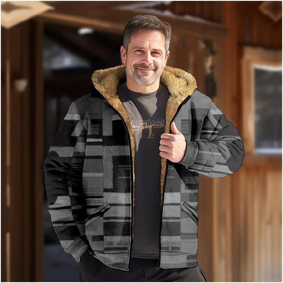 Mens Fuzzy Sherpa Jacket Long Sleeve Fleece Zip Up Coat Fall Winter Puffer Jacket Casual Zipper Varsity Coat Hooded