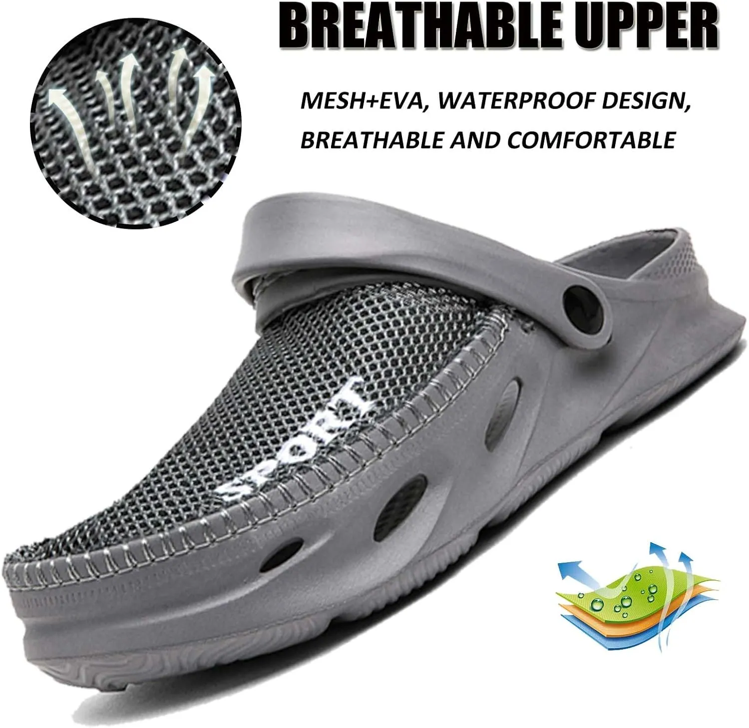 Mens Garden Clogs Shoes Breathable Summer Beach Sandals Sports Sandals Adjustable Slide Slip-on Outdoor Beach Slippers