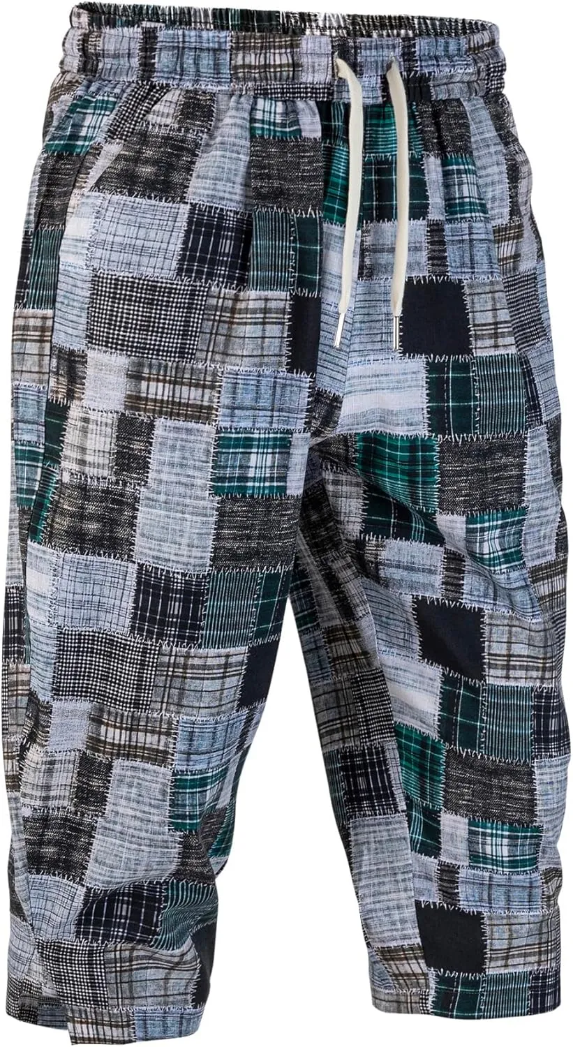 Men's Harem Yoga Shorts Cotton Capri 3/4 Pants Patchwork Casual Baggy Beach Shorts Drawstring Cropped Trousers