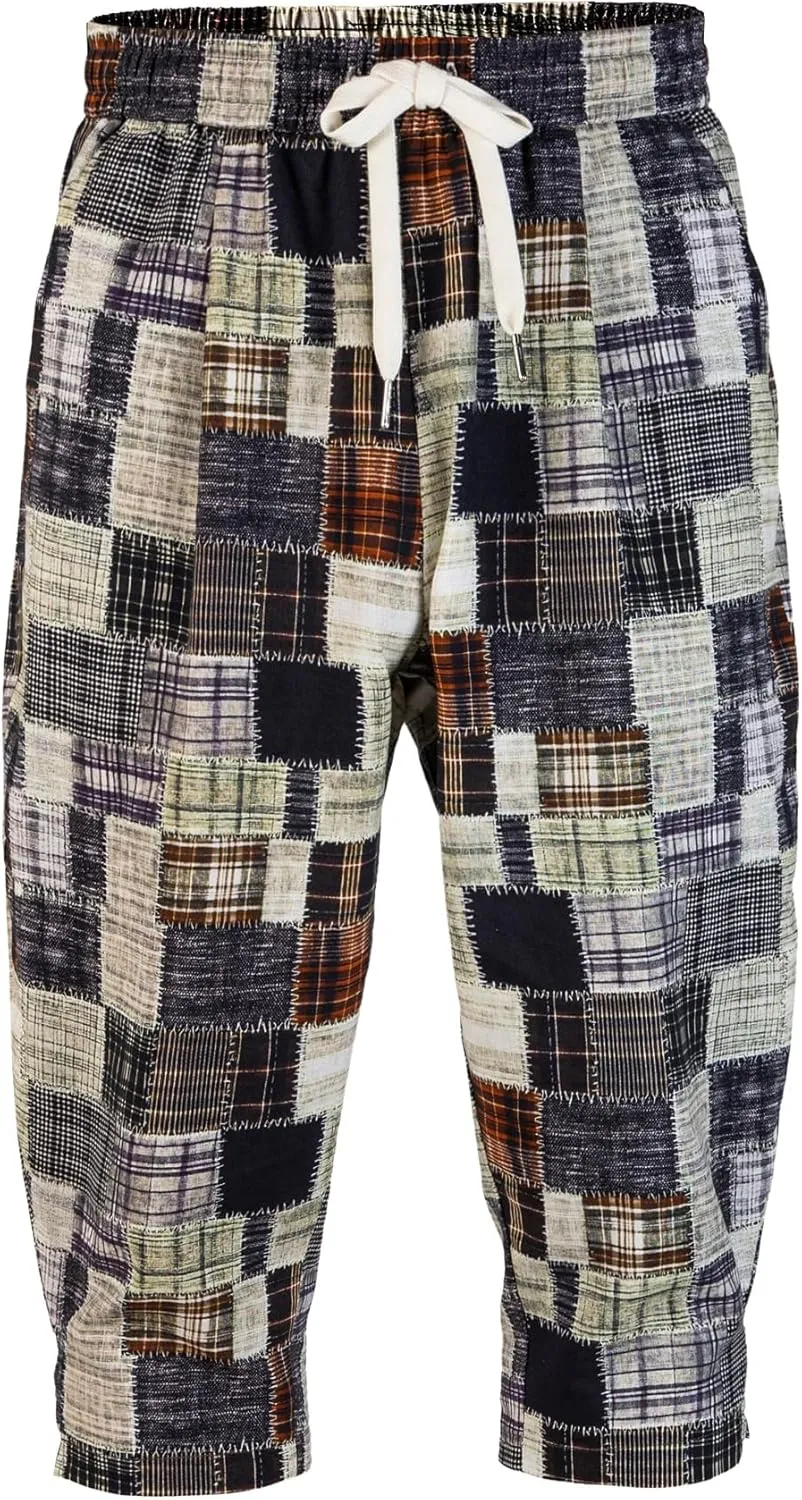 Men's Harem Yoga Shorts Cotton Capri 3/4 Pants Patchwork Casual Baggy Beach Shorts Drawstring Cropped Trousers