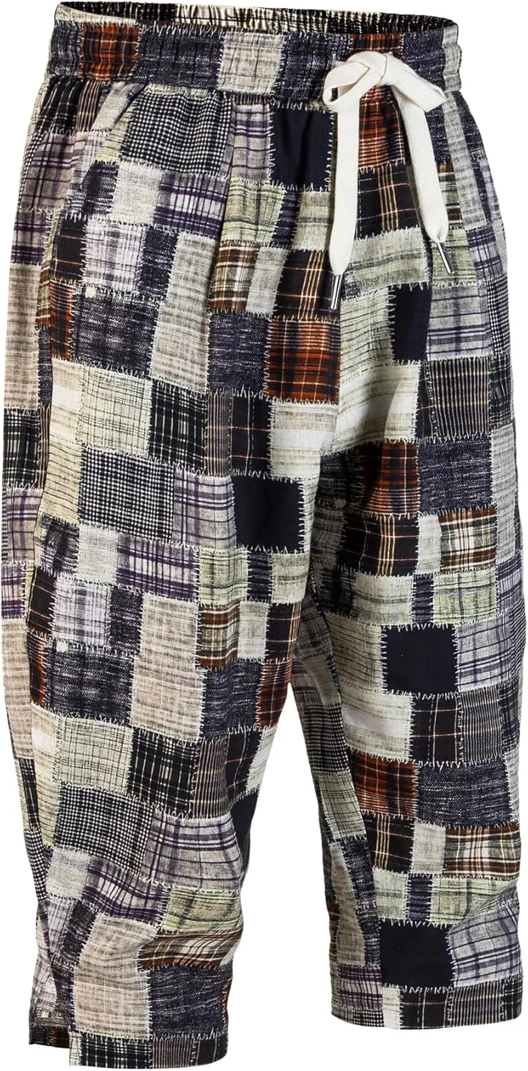 Men's Harem Yoga Shorts Cotton Capri 3/4 Pants Patchwork Casual Baggy Beach Shorts Drawstring Cropped Trousers