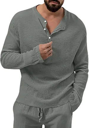 Men's Henley Shirt Tops Crew Neck Button Pleated Long Sleeve Casual Tshirt Breathable Loose Fall Fashion 2024 Outfits