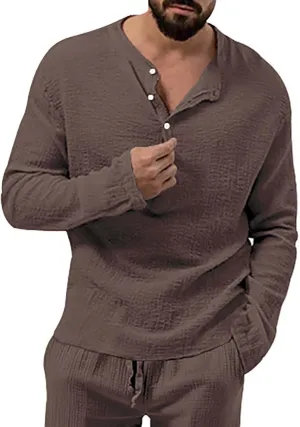 Men's Henley Shirt Tops Crew Neck Button Pleated Long Sleeve Casual Tshirt Breathable Loose Fall Fashion 2024 Outfits