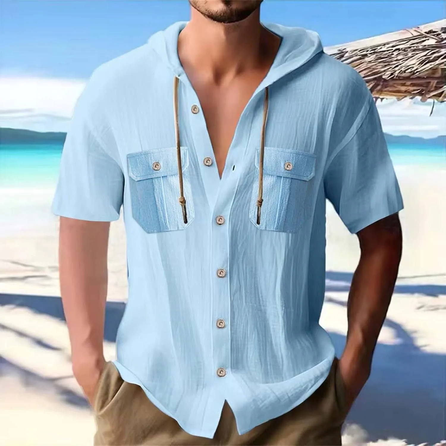 Men's Hooded Linen Shirts Casual Hawaiian Drawstring Button Down Short Sleeve Tops Summer Beach Vacation Hippie Shirt