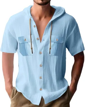 Men's Hooded Linen Shirts Casual Hawaiian Drawstring Button Down Short Sleeve Tops Summer Beach Vacation Hippie Shirt