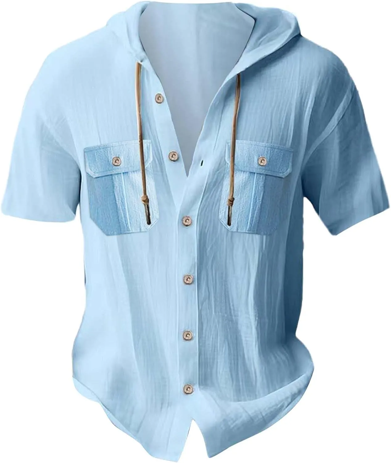 Men's Hooded Linen Shirts Casual Hawaiian Drawstring Button Down Short Sleeve Tops Summer Beach Vacation Hippie Shirt